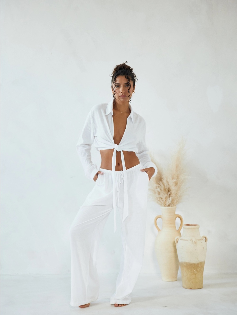 White Wide Leg Drawstring Pants - Lightweight Summer Style - Picture 5 of 6